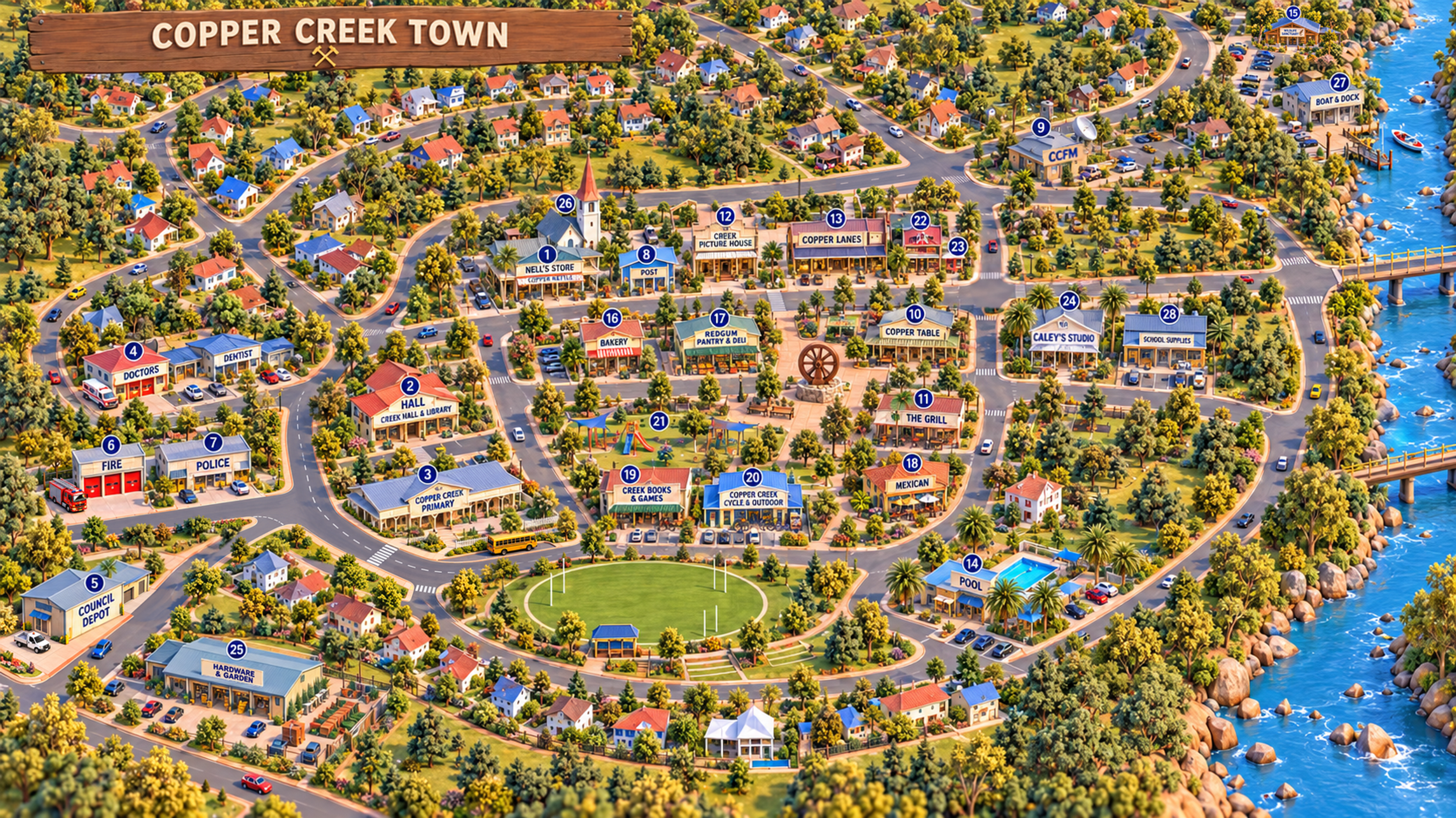 Illustrated Copper Creek town with 29 numbered places beside the river.