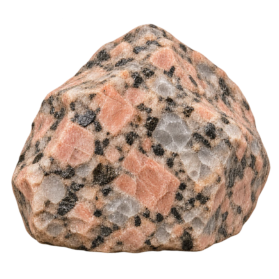 A granite rock with interlocking pink, grey and black mineral grains.