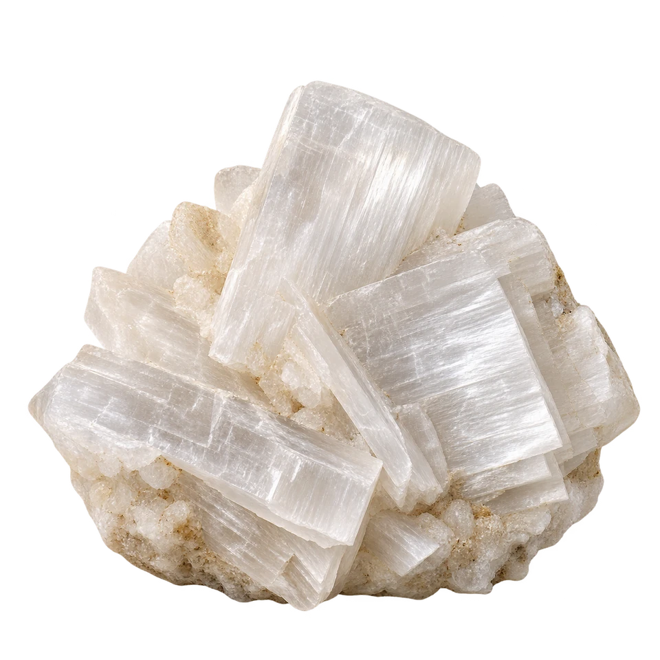 A cluster of pale white gypsum crystals with flat pearly faces.
