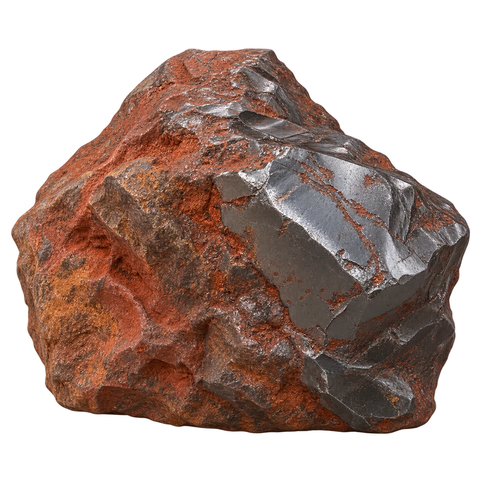 A hematite specimen with rusty red areas and dark steel grey surfaces.