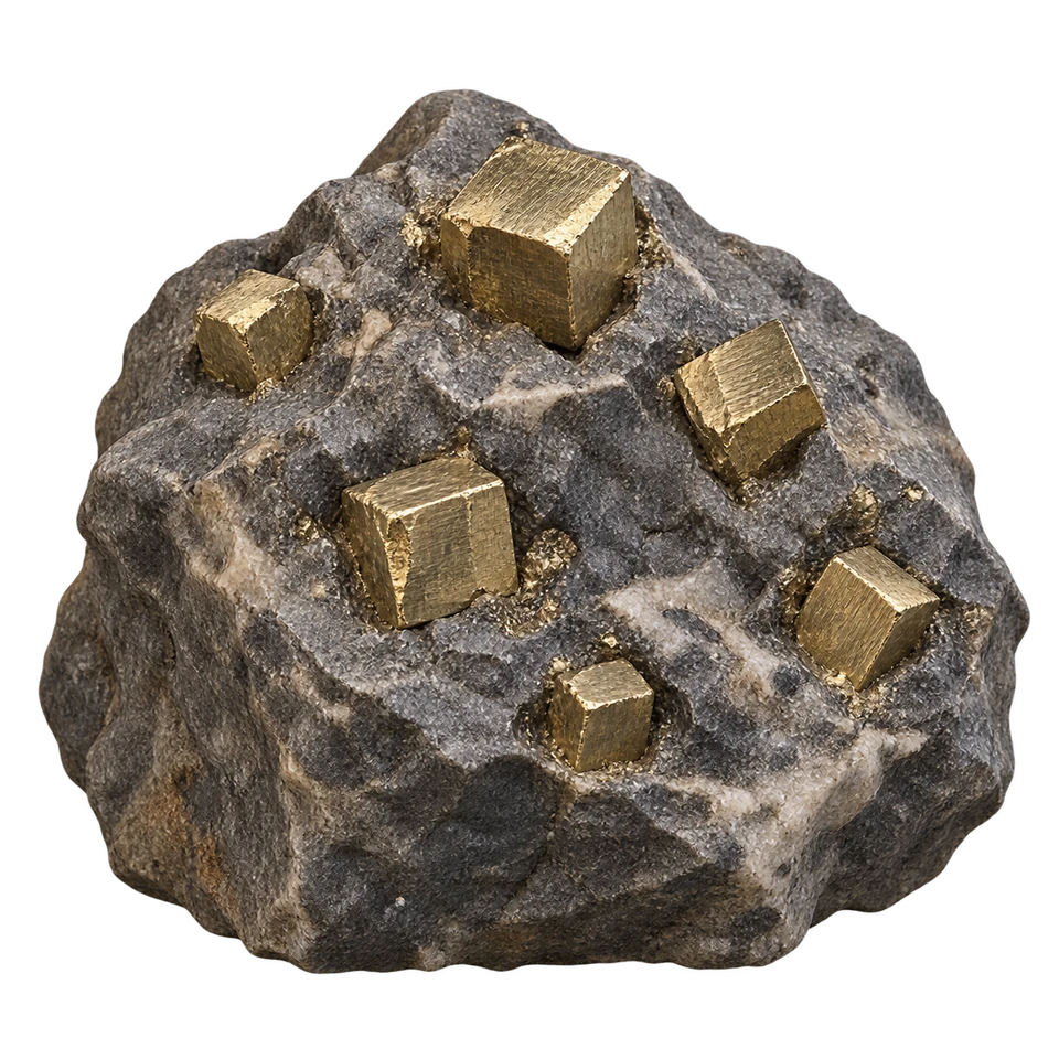 Brassy golden pyrite cubes in a dark grey rock.