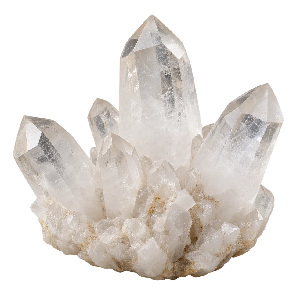 A cluster of clear and milky white quartz crystals with pointed tops.