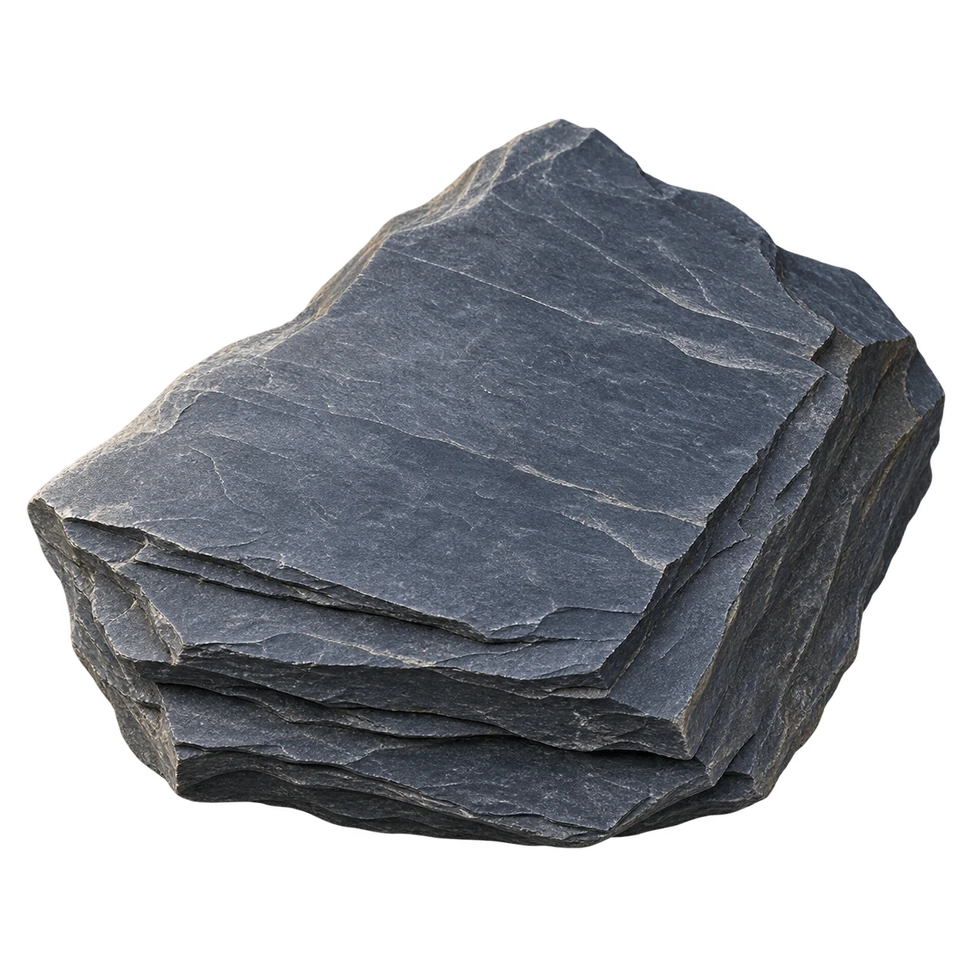 A dark blue grey slate specimen with thin flat layers.