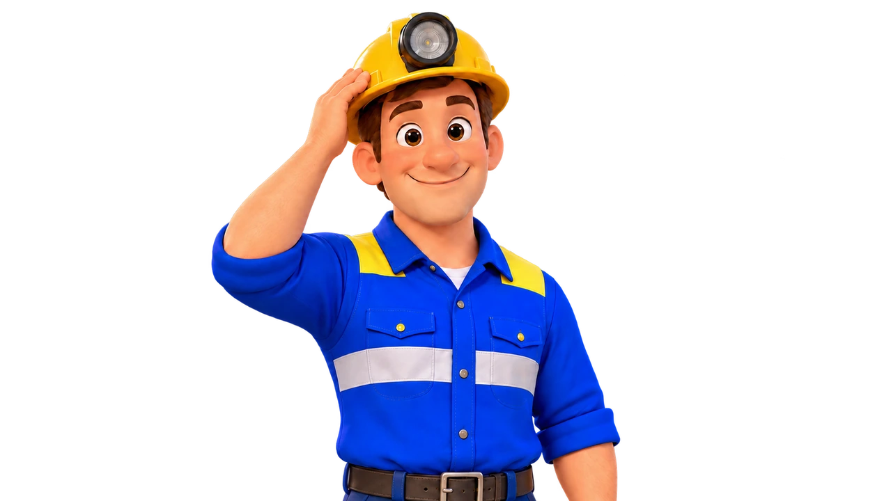 Dan smiling and touching his yellow hardhat, in his blue work shirt.