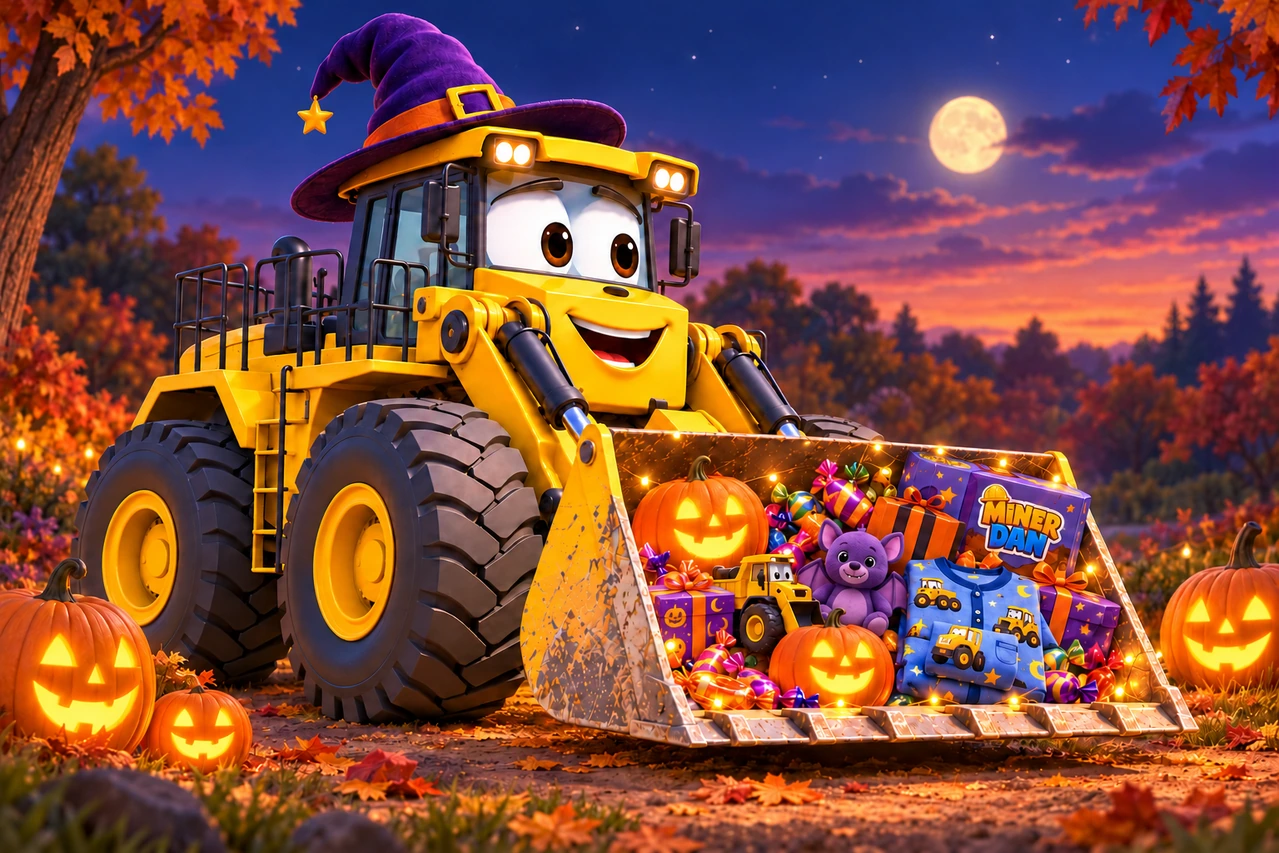 Lucy in her Halloween hat with pumpkins, a purple bat toy and gifts in her bucket.