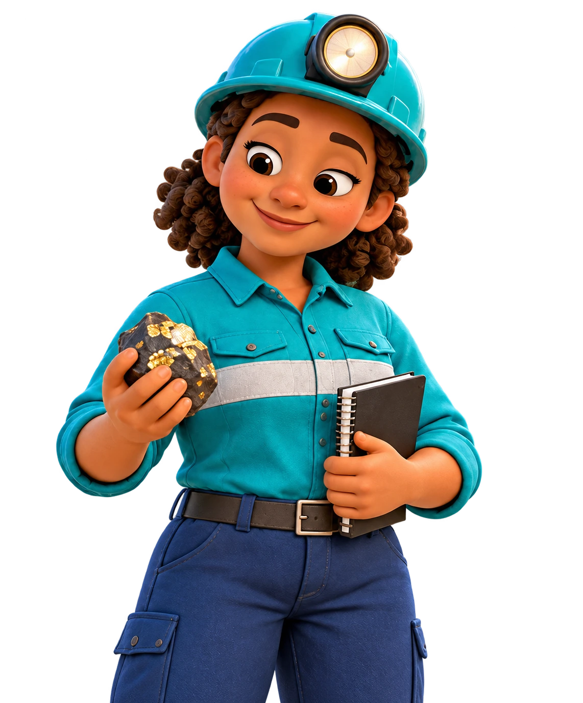 Maya holding a rock with golden crystals and her notebook, beside a sunny rocky outcrop.